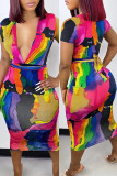 Multicolor Mode Casual Print Tie Dye med bälte V-ringad kortärmad klänning