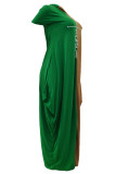 グリーン ファッション カジュアル プリント パッチワーク 非対称 O ネック半袖ドレス