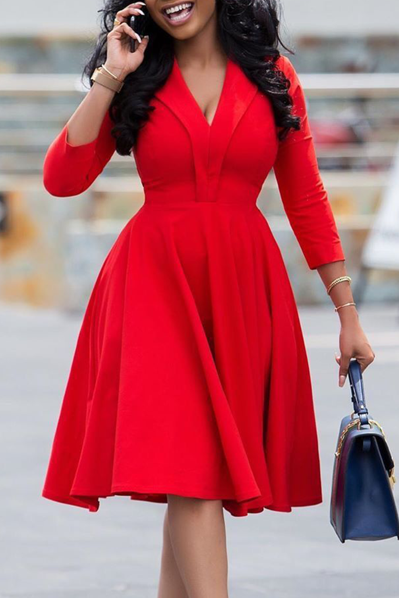 

Red Casual Solid Split Joint V Neck Cake Skirt Dresses