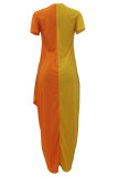 Желтое модное повседневное платье с принтом в стиле пэчворк, асимметричное платье с круглым вырезом и коротким рукавом