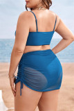 Conjunto de tres piezas de traje de baño de talla grande con correa de espagueti sin espalda sólida sexy de moda azul (con rellenos)