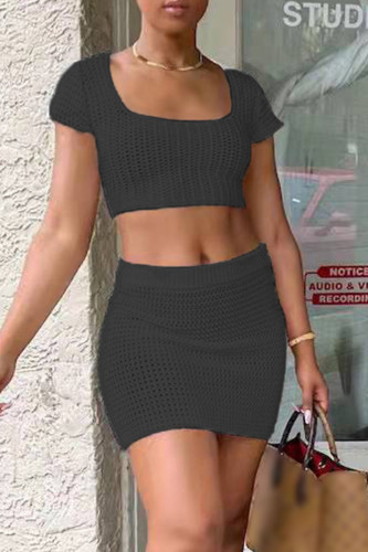 Black Fashion Sexy Solid Bandage Hollowed Out Backless Square Collar Short Sleeve Two Pieces