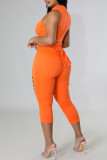 Orange Fashion Sexy Solid Hollowed Out Asymmetrical Half A Turtleneck Sleeveless Two Pieces