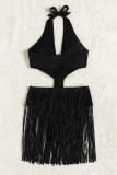Black Fashion Sexy Solid Tassel Bandage Hollowed Out Backless Swimwears (With Paddings)
