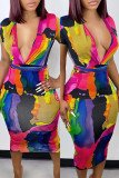 Multicolor Fashion Casual Print Tie Dye With Belt V Neck Short Sleeve Dress