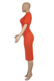 Vestidos de vestido de manga curta vermelho tangerina moda casual sólido sem costas sem costas