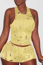 Yellow Fashion Sexy Casual Solid Ripped Hollowed Out O Neck Sleeveless Two Pieces