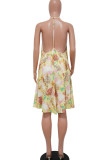 Yellow Sexy Print Patchwork Backless Halter A Line Dresses