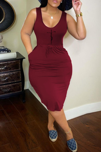 Burgundy Fashion Casual Print Basic U Neck Vest Dress