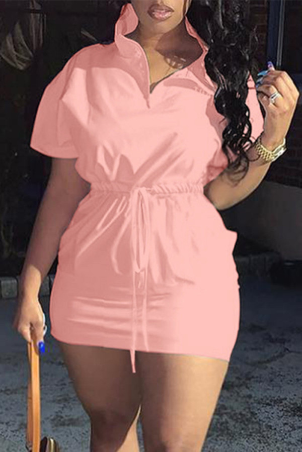 Pink Fashion Casual Solid V Neck Short Sleeve Dress