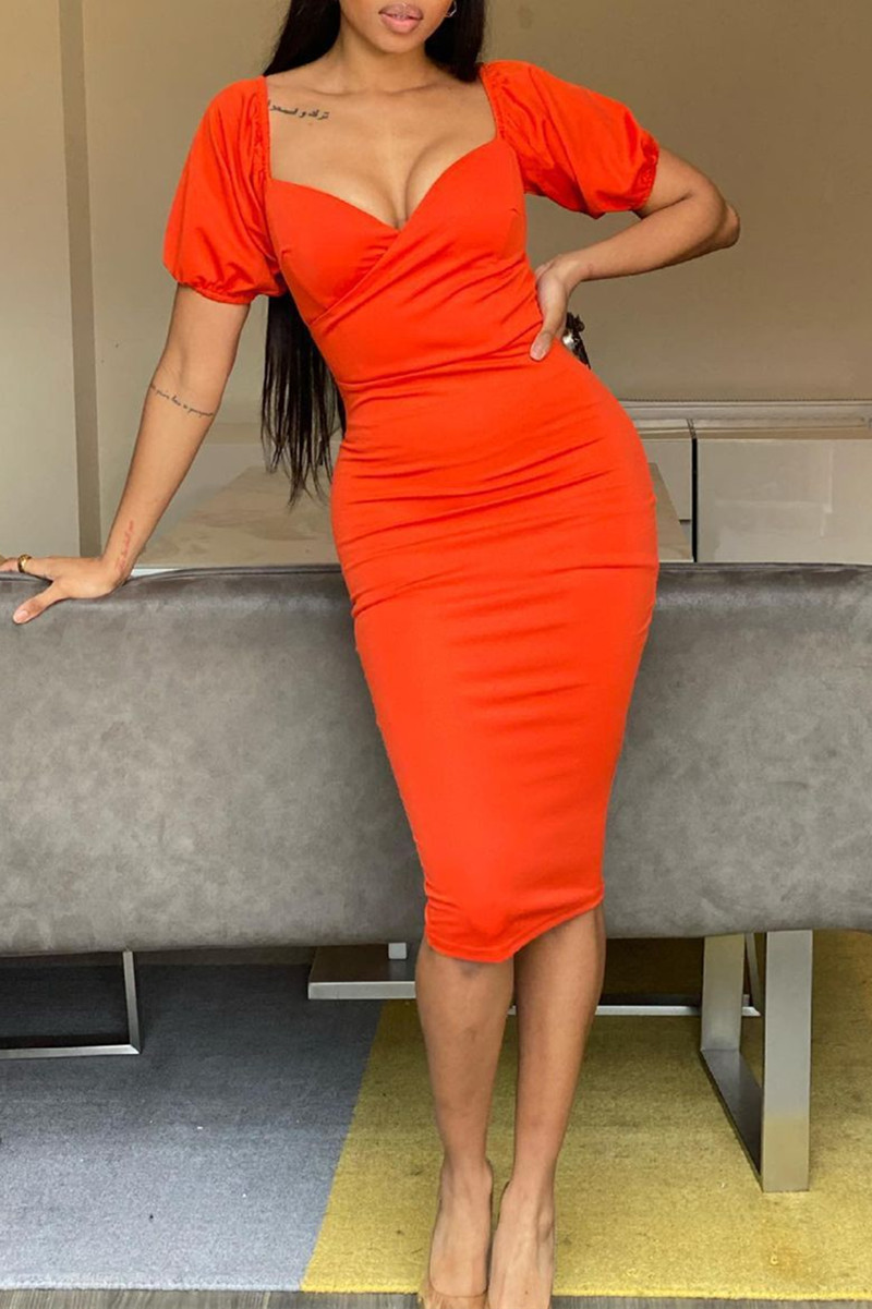 

Tangerine Red Fashion Casual Solid Backless V Neck Short Sleeve Dress Dresses