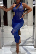 Blauwe sexy effen patchwork jurken met een schouderkokerrok