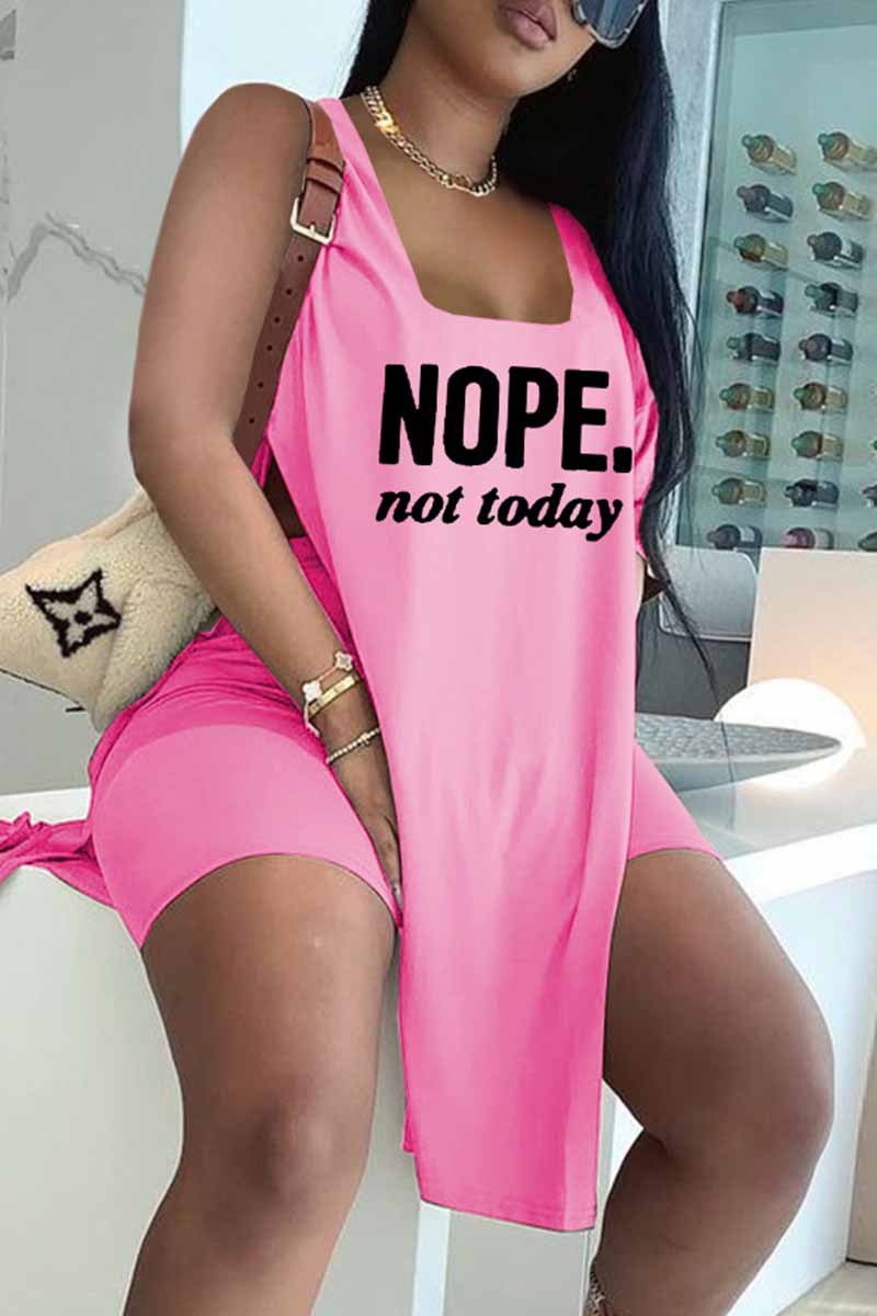 

Pink Fashion Casual Letter Print Slit U Neck Sleeveless Two Pieces