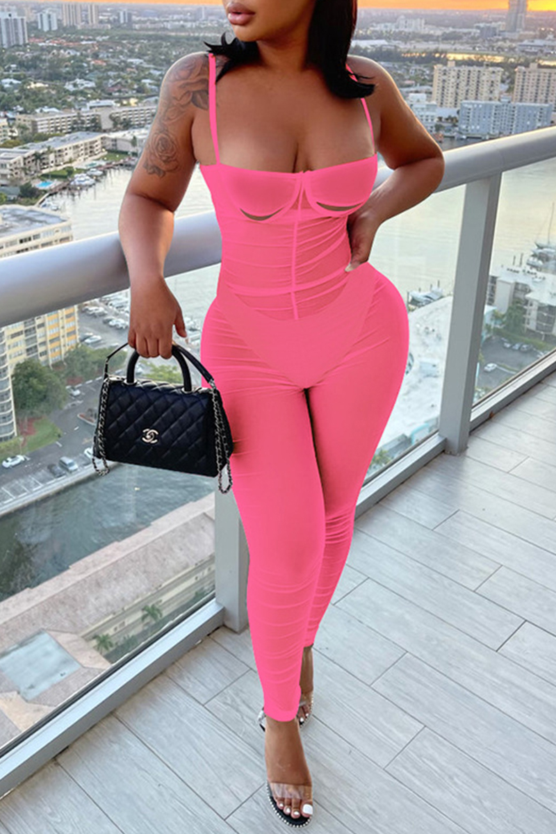 

Pink Fashion Sexy Solid Hollowed Out See-through Backless Spaghetti Strap Skinny Jumpsuits