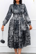 Zwarte elegante print patchwork met riem O-hals A-lijn jurken