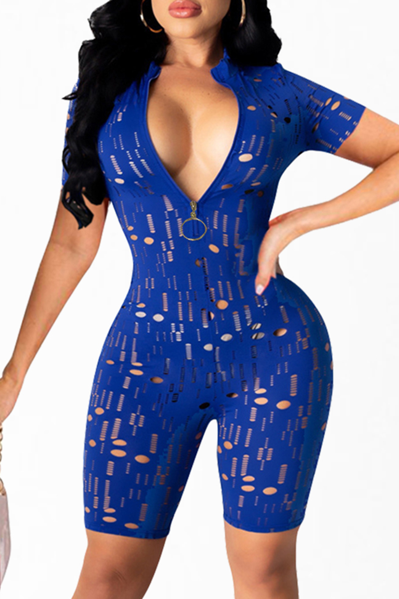 

Blue Fashion Sexy Solid Ripped Hollowed Out Zipper Collar Skinny Romper