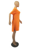 オレンジ ファッション カジュアル 無地 スリット Vネック 半袖 ツーピース