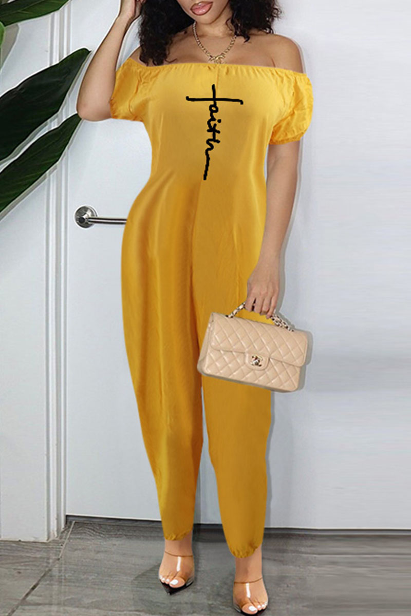 

Yellow Casual Print Split Joint Off the Shoulder Loose Jumpsuits