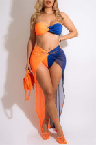 Оранжевый модный сексуальный однотонный пэчворк с открытой спиной без бретелек без рукавов из двух частей