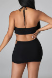 Black Fashion Sexy Solid Hollowed Out Backless Halter Sleeveless Two Pieces