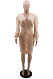 アプリコット ファッション カジュアル ソリッド パッチワーク V ネック ロング スリーブ ドレス