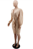 アプリコット ファッション カジュアル ソリッド パッチワーク V ネック ロング スリーブ ドレス
