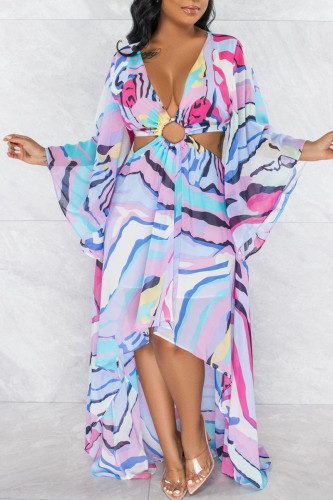 Purple Sexy Print Hollowed Out Patchwork Asymmetrical V Neck Irregular Dress Dresses