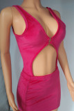 Rose Red Sexy Solid Hollowed Out Patchwork Fold U Neck Sleeveless Two Pieces