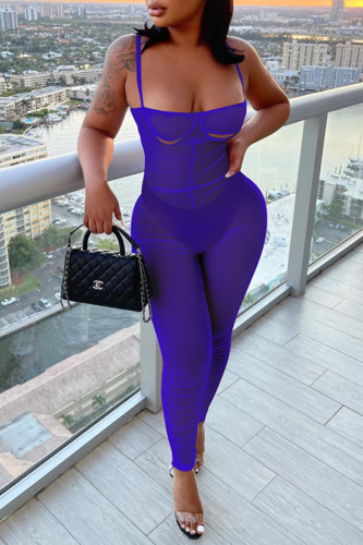 Blue Fashion Sexy Solid Hollowed Out See-through Backless Spaghetti Strap Skinny Jumpsuits