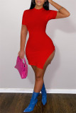 Красное модное повседневное однотонное платье с круглым вырезом и коротким рукавом