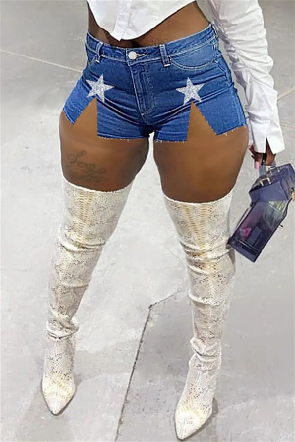 Short en jean skinny taille haute fendu avec étoiles bleu moyen