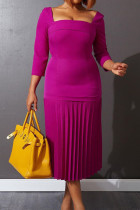 Púrpura elegante sólido patchwork doblar cuello cuadrado vestidos rectos