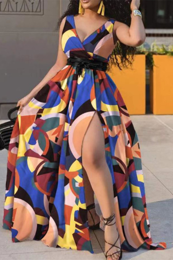 Vestido multicolorido fashion sexy com fenda e decote em V