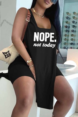 Black Fashion Casual Letter Print Slit U Neck Sleeveless Two Pieces
