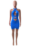 Blue Fashion Sexy Solid Hollowed Out Backless Halter Sleeveless Dress