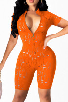 Оранжевый модный сексуальный однотонный рваный выдолбленный облегающий комбинезон с воротником-молнией