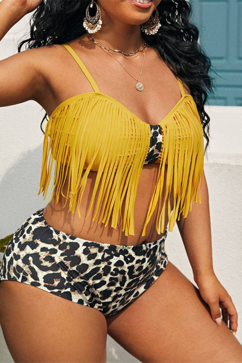 

Yellow Sexy Print Leopard Tassel Split Joint Backless Spaghetti Strap Plus Size Swimwear (With Paddings)