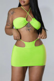 Green Fashion Sexy Solid Hollowed Out Backless Halter Sleeveless Two Pieces