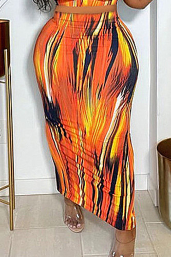 Orange Fashion Sexy Print Basic Plus Size High Waist Skirt