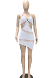 ホワイト セクシー ソリッド パッチワーク シースルー 非対称スパゲッティ ストラップ ペンシル スカート ドレス