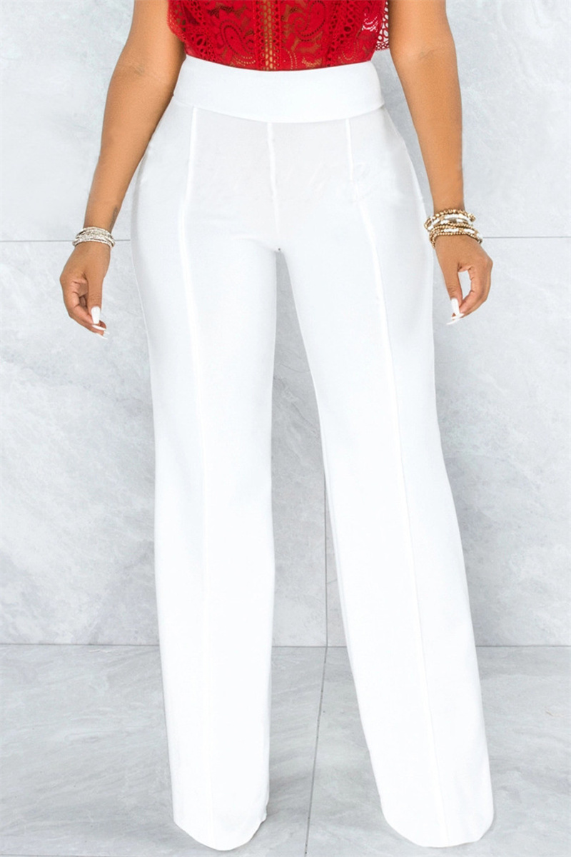 

White Fashion Casual Solid Basic Regular High Waist Trousers