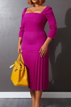 Фиолетовые модные повседневные однотонные лоскутные плиссированные платья с квадратным воротником