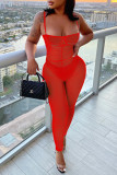 Pink Fashion Sexy Solid Hollowed Out See-through Backless Spaghetti Strap Skinny Jumpsuits