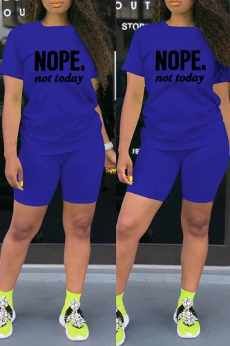 Royal Blue Fashion Casual Letter Print Basic O Neck Short Sleeve Two Pieces