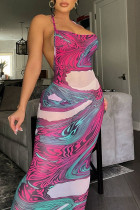 ローズレッドのセクシーなプリントパッチワークバックレスホルターワンステップスカートドレス