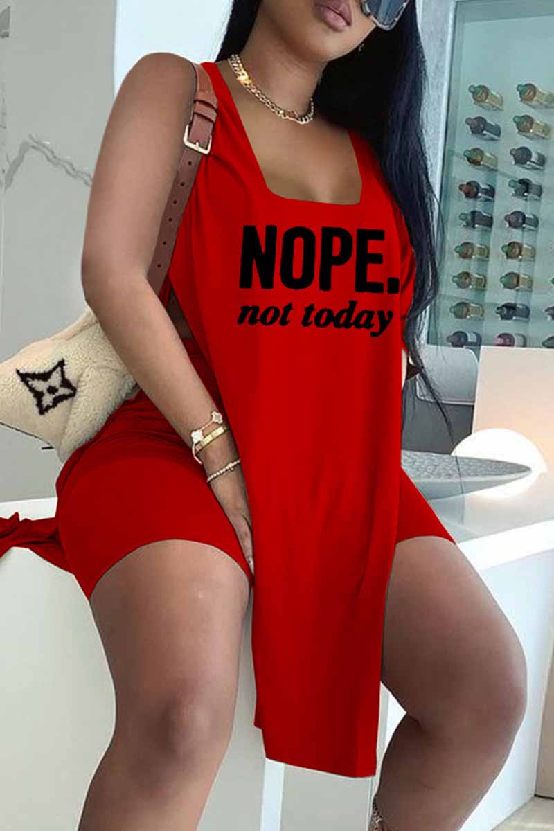 

Red Fashion Casual Letter Print Slit U Neck Sleeveless Two Pieces