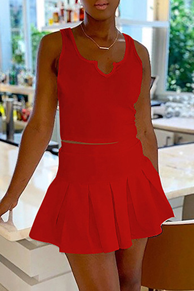 

Red Sexy Casual Solid Basic V Neck Sleeveless Two Pieces