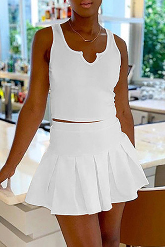 White Sexy Casual Solid Basic V Neck Sleeveless Two Pieces