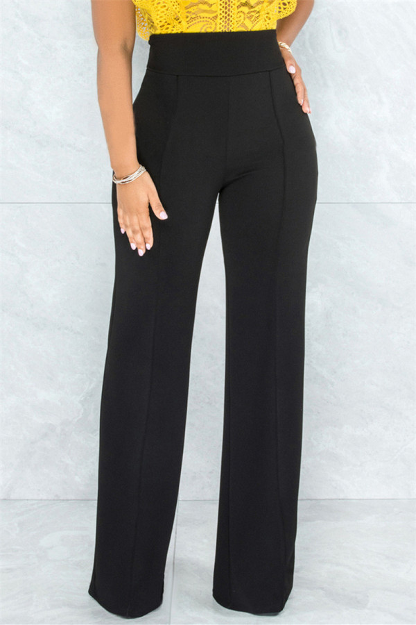Pantalones de cintura alta regulares básicos sólidos casuales de moda negro