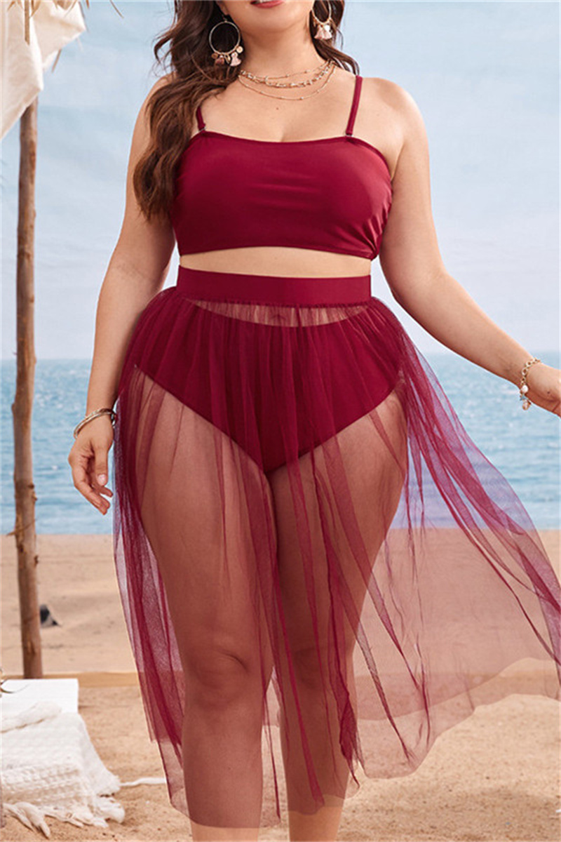 

Burgundy Sexy Solid Backless Spaghetti Strap Plus Size Swimwear Three-piece Set (With Paddings)